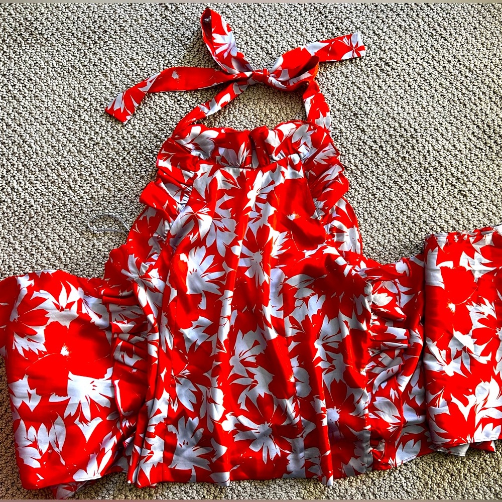 J Crew Women's M Blouse Orange Blue Ratti Floral Halter Ruffle Bow